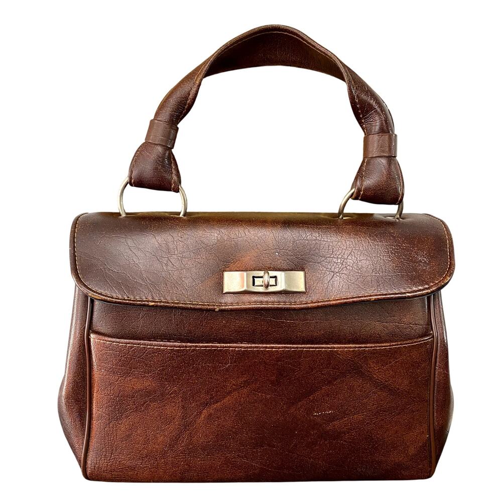 Vintage 1950's Brown Leather Turnkey Accordion Style Handbag